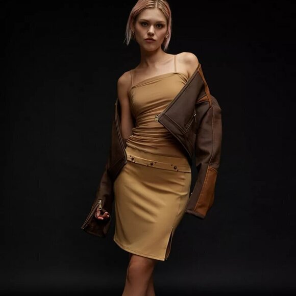 NWT UO Zemeta Mesh Low Belt Y2K Ruched Tan Mini Dress - Picture 2 of 7